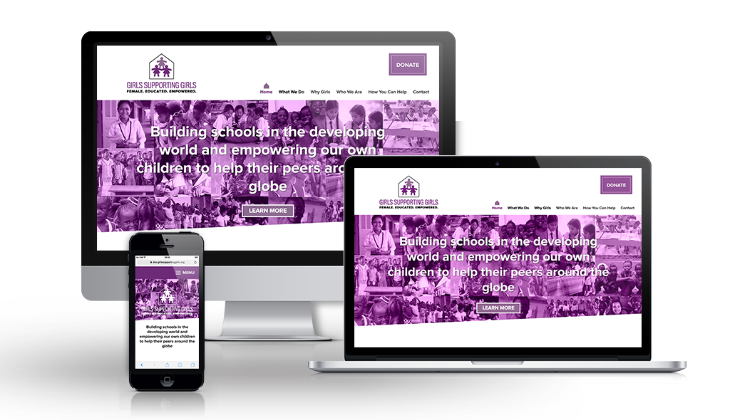 desktop, laptop, & cell phone displaying the homepage of Girls Supporting Girls